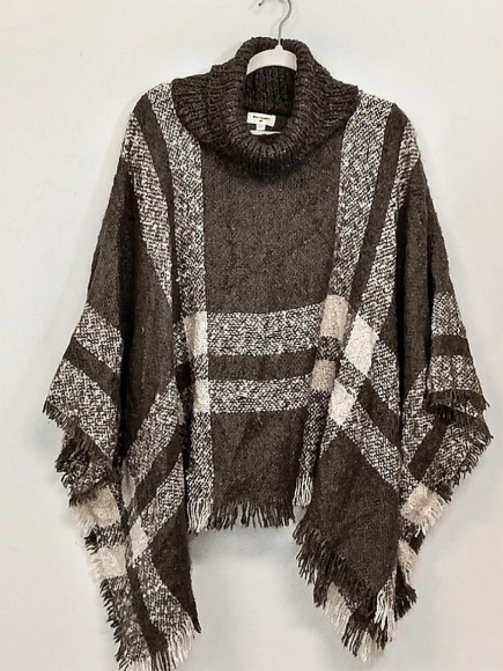 World Market Plaid Soft Turtleneck Shawl Poncho Pullover Sweater Green Ivory OS